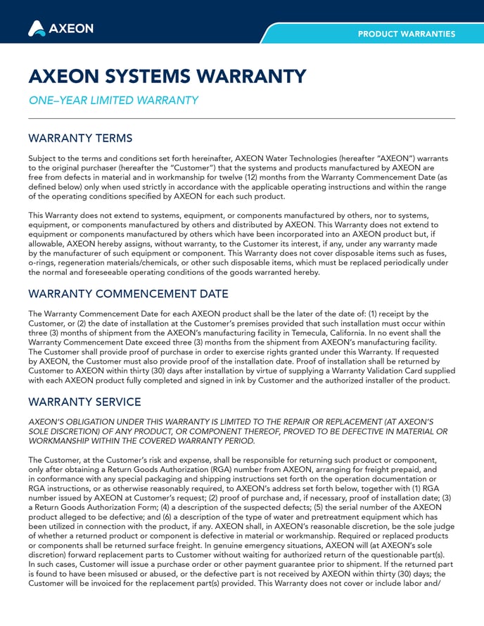 MKT – 567 AXEON System Warranty